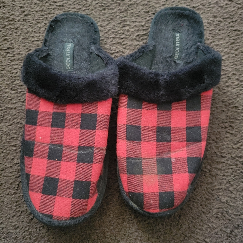 Maurices Red and Black Plaid Fur Slippers